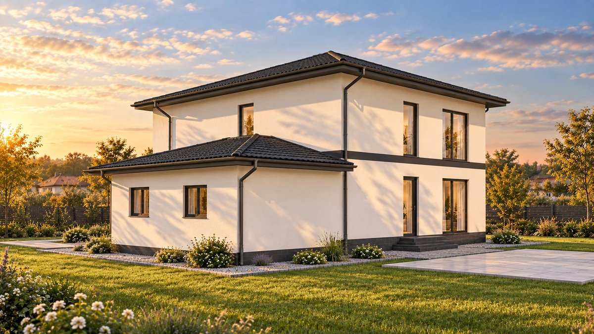Casă cu balcon amplu și garaj lateral — randare 4