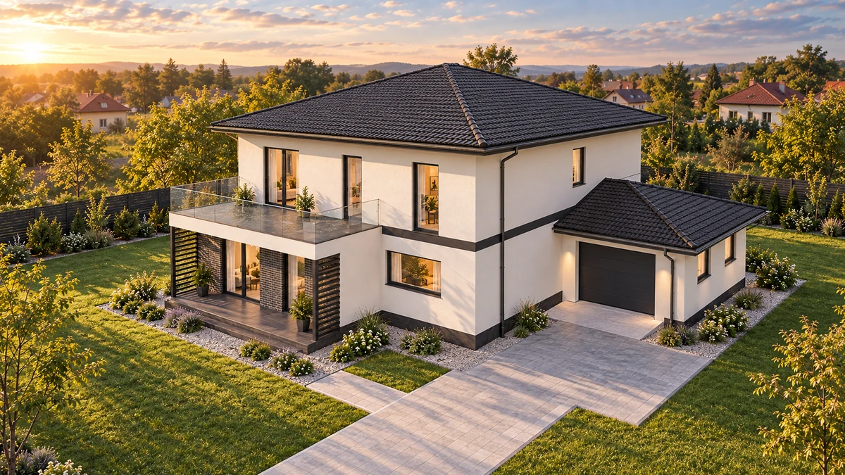 Casă cu balcon amplu și garaj lateral — randare 6