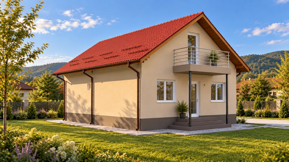 Casă cu balcon în fronton și terasă laterală — randare 1