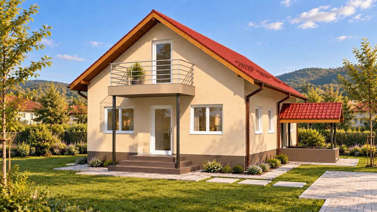 Casă cu balcon în fronton și terasă laterală — randare 2