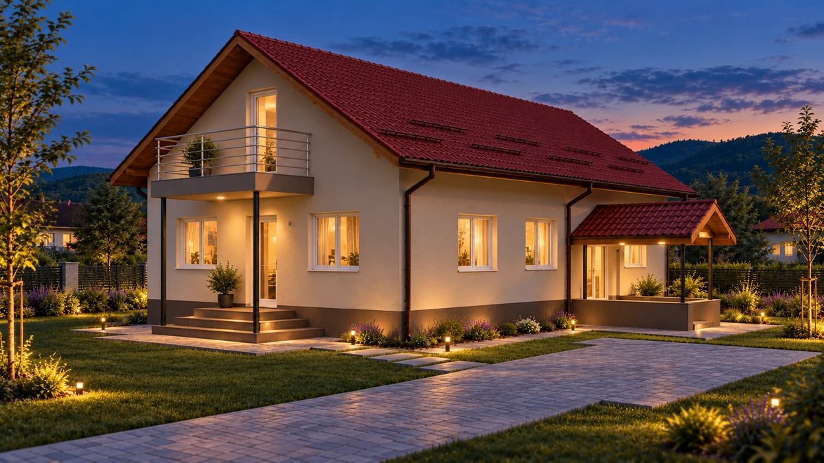 Casă cu balcon în fronton și terasă laterală — randare 3