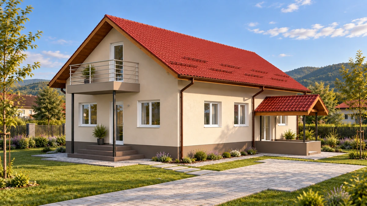 Casă cu balcon în fronton și terasă laterală — randare 4