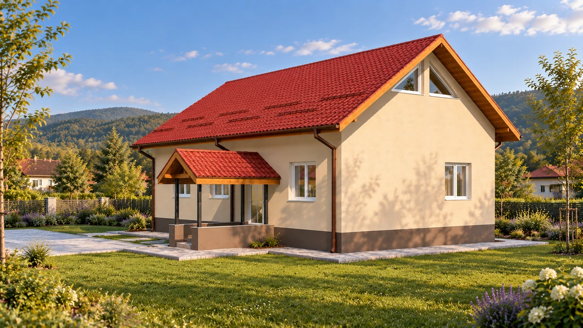 Casă cu balcon în fronton și terasă laterală — randare 5