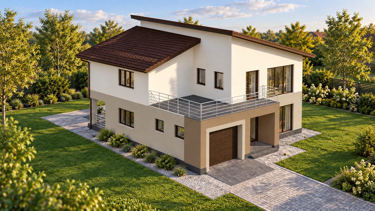 Casă cu acoperiș asimetric și terasă spre grădină — randare 2