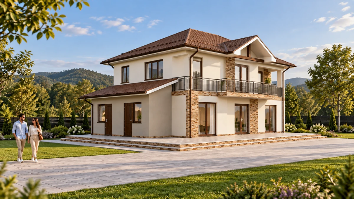 Casă cu balcon continuu și fronton central — randare 2