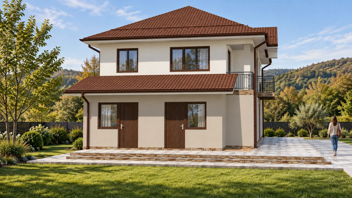 Casă cu balcon continuu și fronton central — randare 3