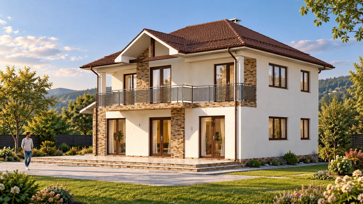 Casă cu balcon continuu și fronton central — randare 4