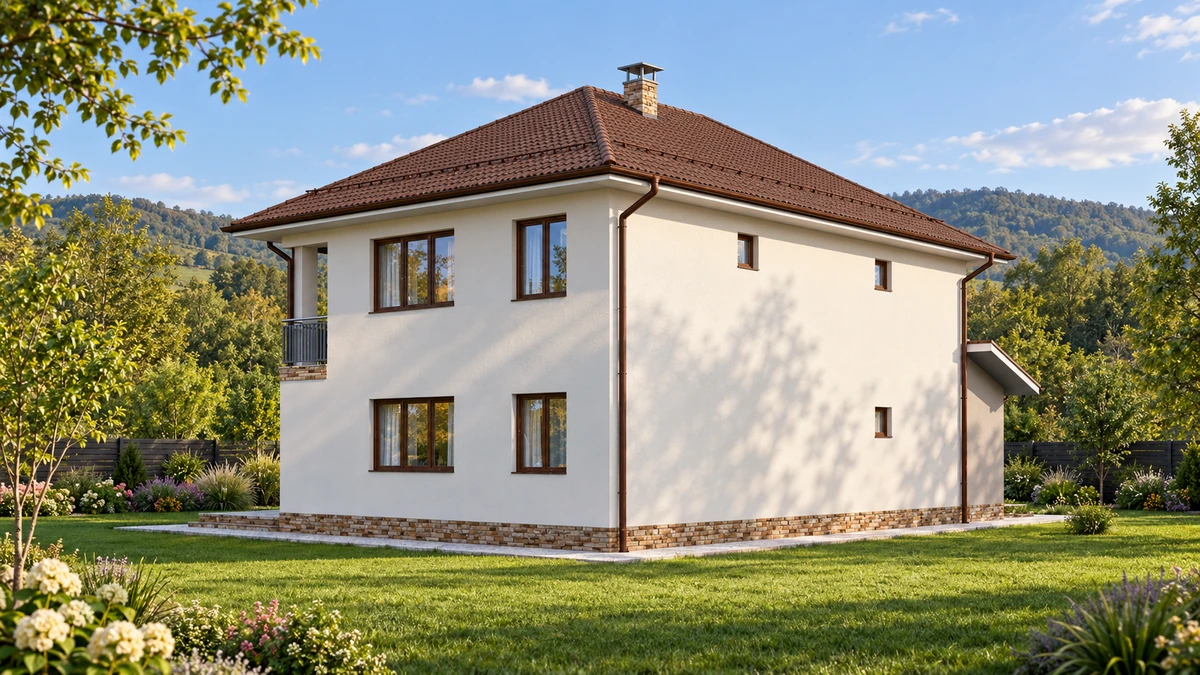 Casă cu balcon continuu și fronton central — randare 5