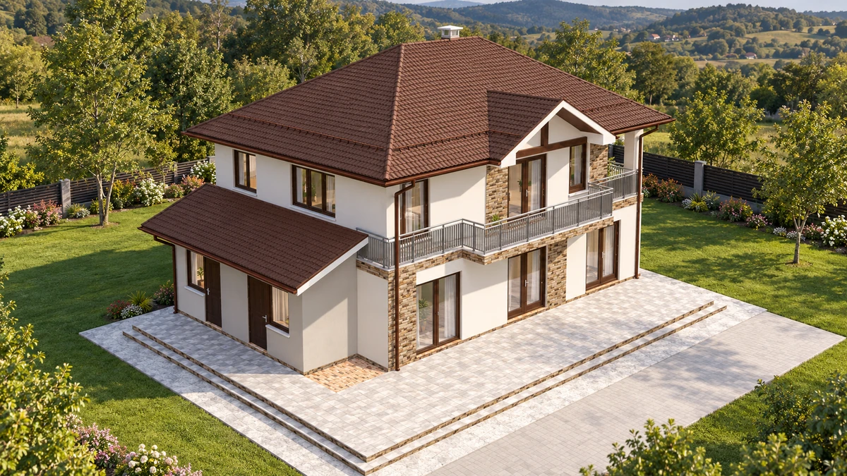 Casă cu balcon continuu și fronton central — randare 6