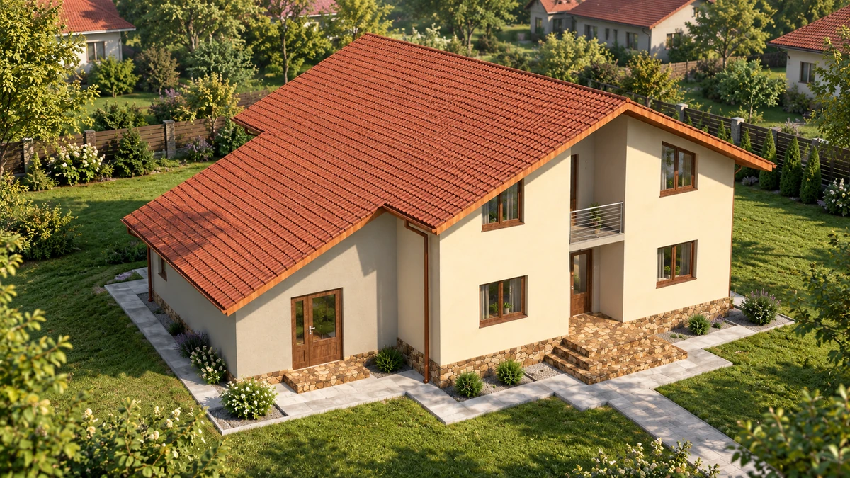 Casă cu volum central și aripă joasă — randare 1