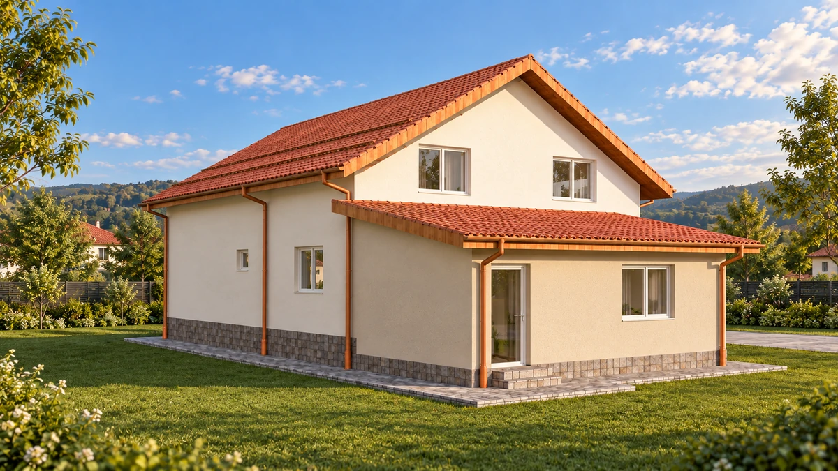Casă cu pridvor și acoperișuri roșcate — randare 1