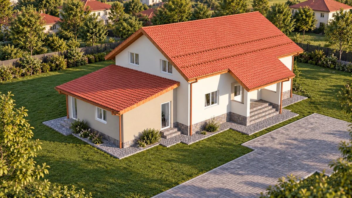 Casă cu pridvor și acoperișuri roșcate — randare 4