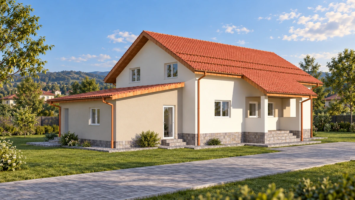 Casă cu pridvor și acoperișuri roșcate — randare 5