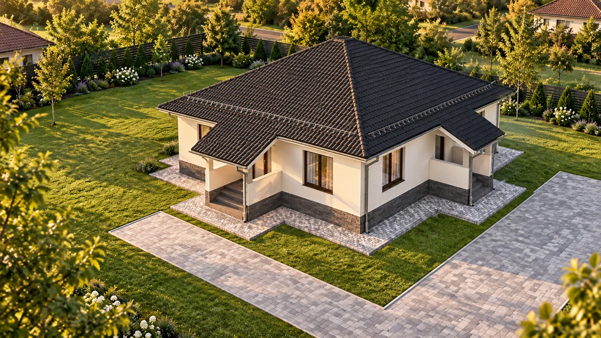Casă pe un nivel cu acoperiș în șolduri — randare 4