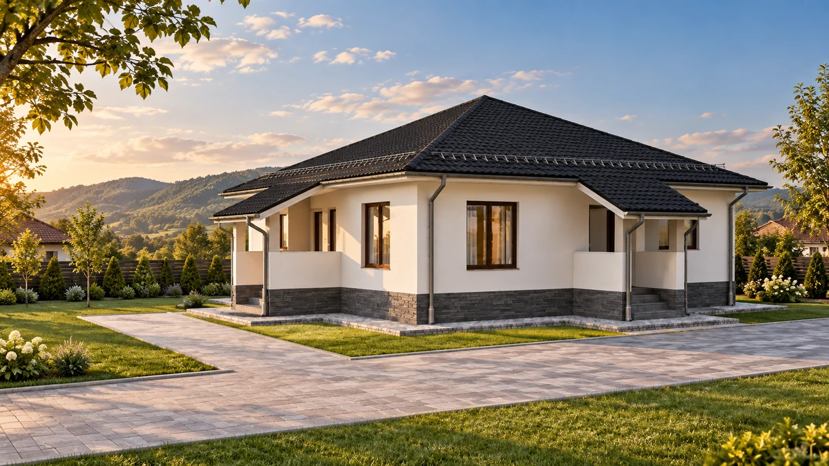 Casă pe un nivel cu acoperiș în șolduri — randare 5
