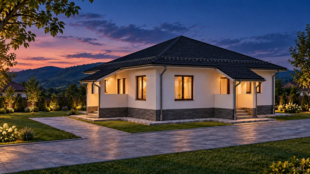 Casă pe un nivel cu acoperiș în șolduri — randare 6