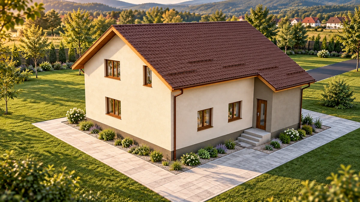 Casă compactă cu intrare laterală — randare 3