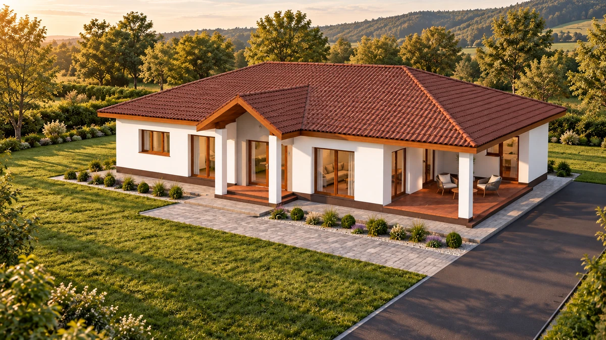 Casă pe un nivel cu pridvor și terasă acoperită — randare 3