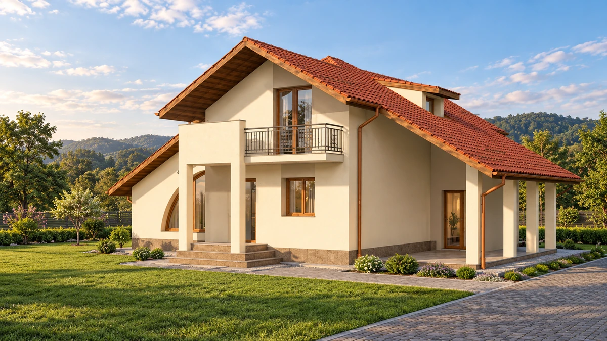 Casă cu balcon și fereastră arcuită spre grădină — randare 1