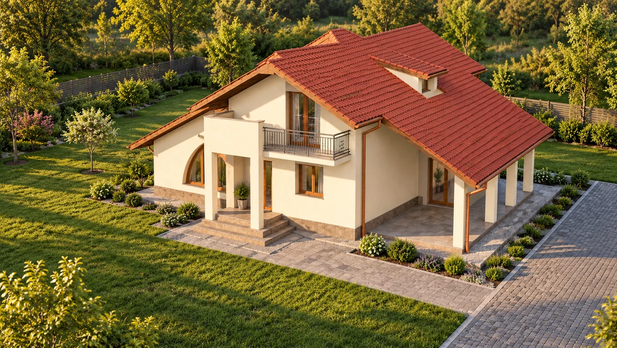 Casă cu balcon și fereastră arcuită spre grădină — randare 2