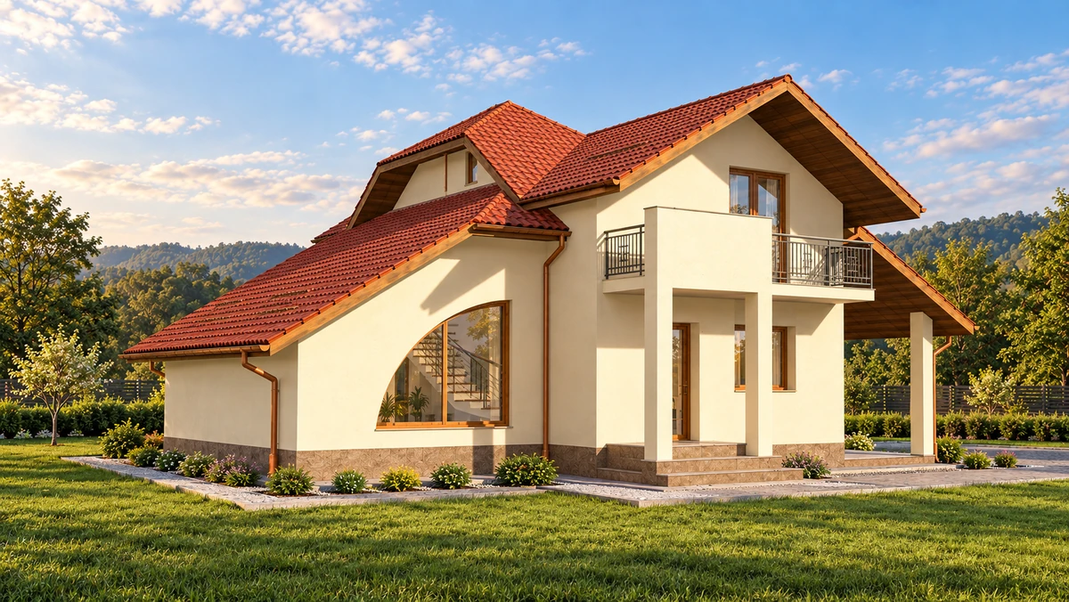 Casă cu balcon și fereastră arcuită spre grădină — randare 3