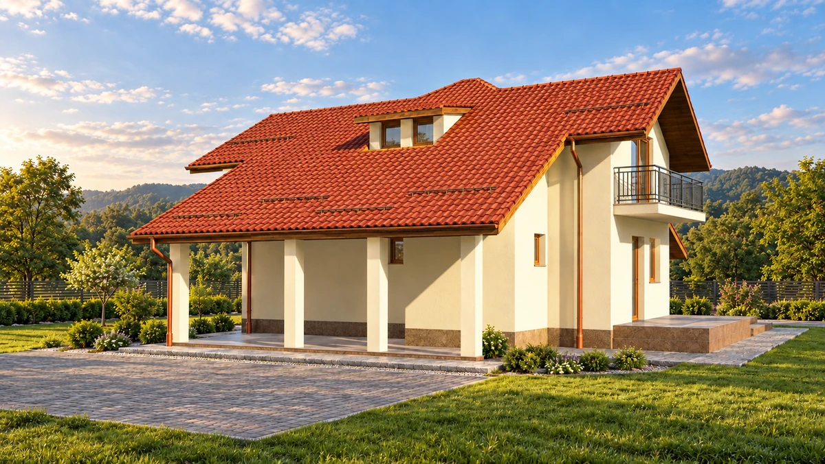 Casă cu balcon și fereastră arcuită spre grădină — randare 4