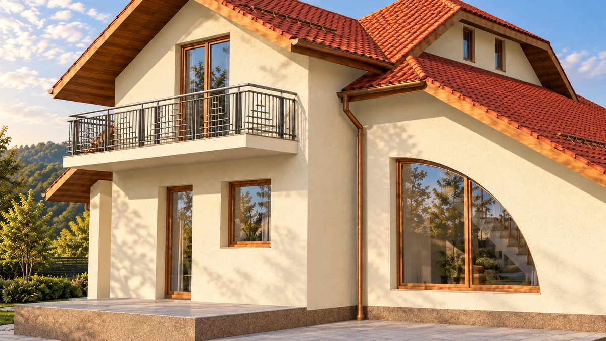 Casă cu balcon și fereastră arcuită spre grădină — randare 5