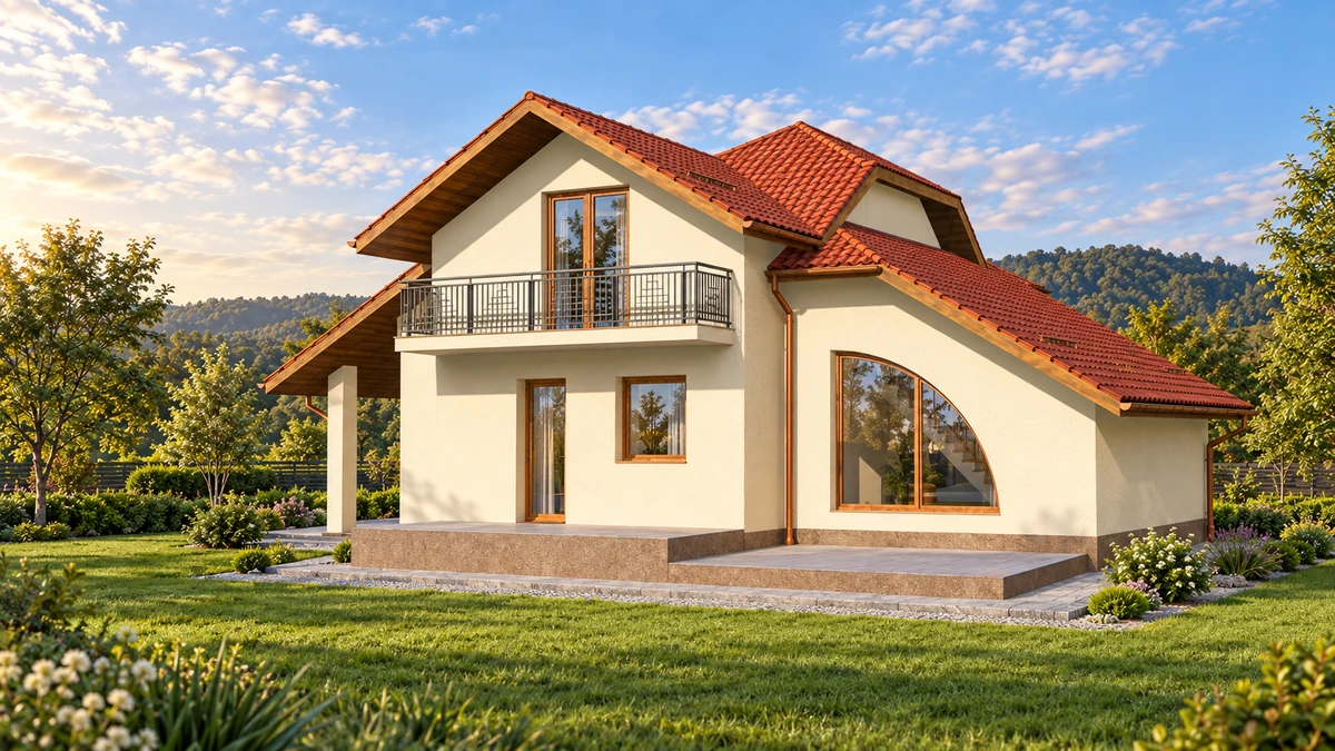 Casă cu balcon și fereastră arcuită spre grădină — randare 6
