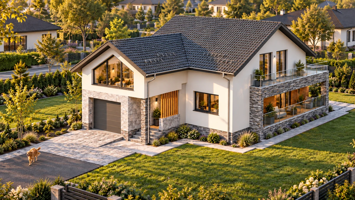 Casă cu terasă placată cu piatră și garaj — randare 3