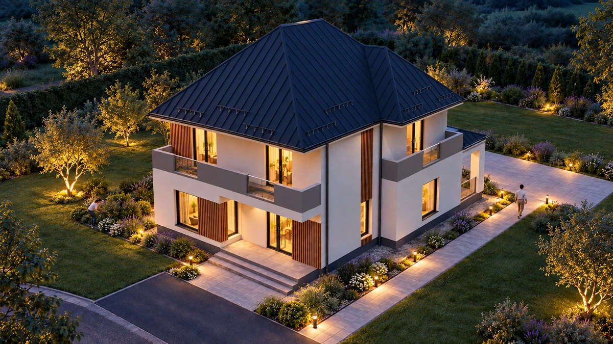 Casă cu balcoane orizontale și accent vertical — randare 1