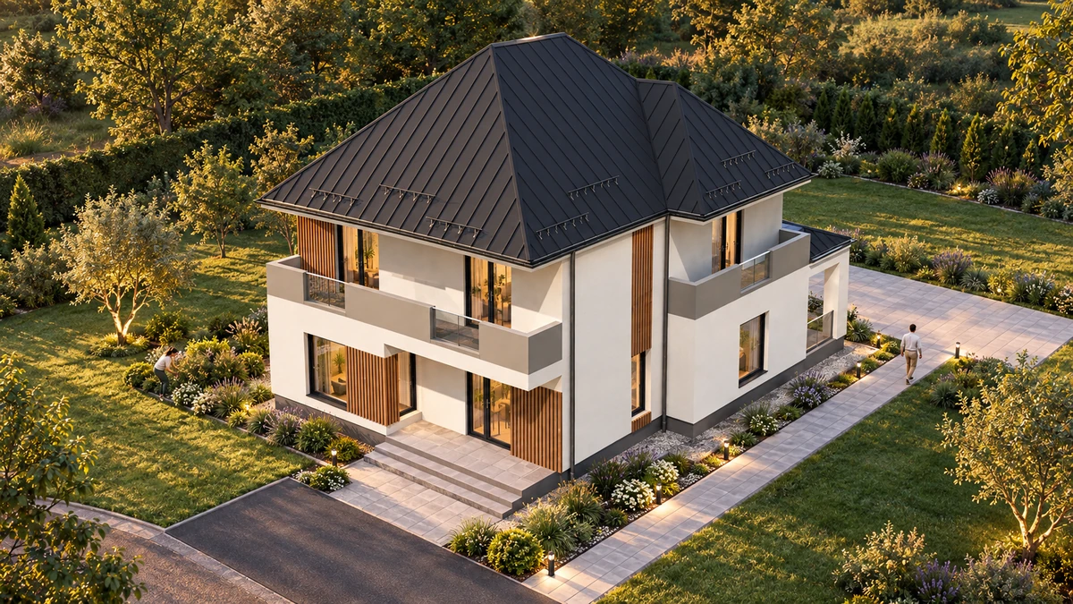 Casă cu balcoane orizontale și accent vertical — randare 2