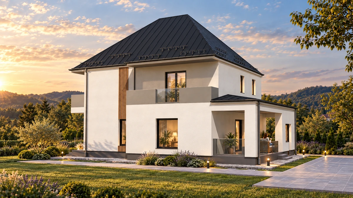 Casă cu balcoane orizontale și accent vertical — randare 3