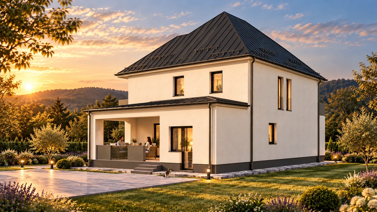 Casă cu balcoane orizontale și accent vertical — randare 4
