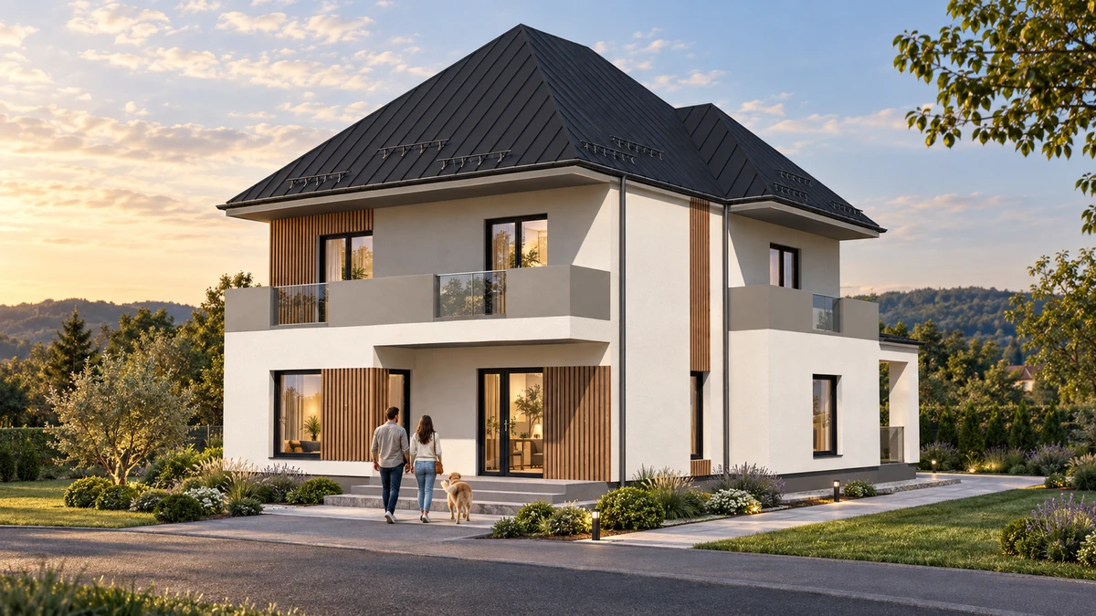 Casă cu balcoane orizontale și accent vertical — randare 5