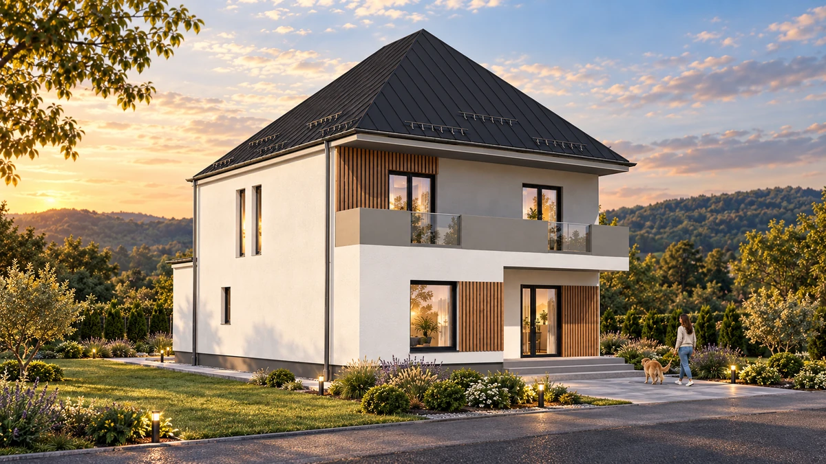 Casă cu balcoane orizontale și accent vertical — randare 6