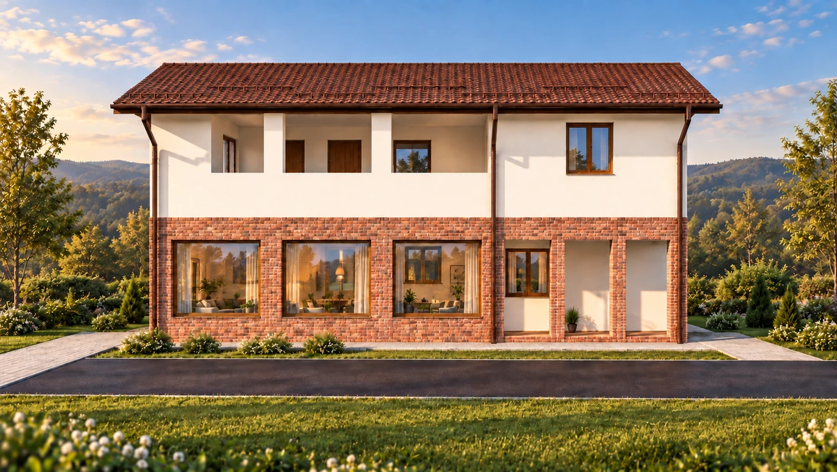 Casă cu pridvor din cărămidă și balcon retras — randare 1