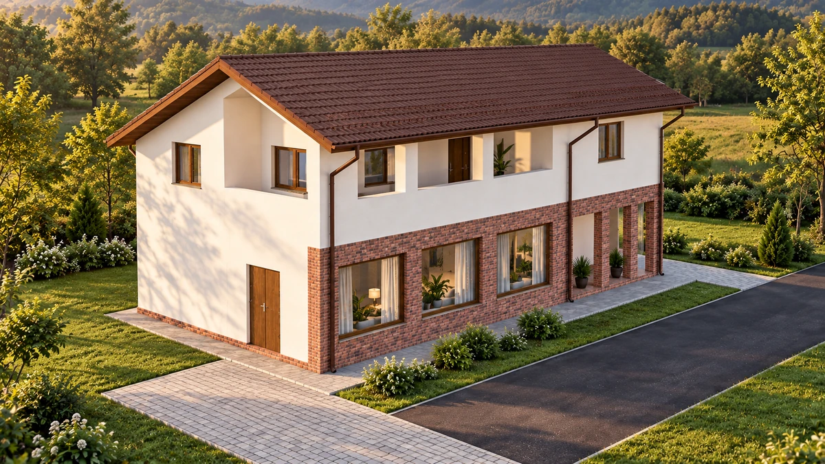Casă cu pridvor din cărămidă și balcon retras — randare 2