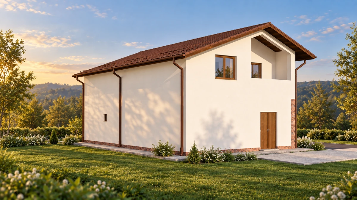 Casă cu pridvor din cărămidă și balcon retras — randare 3