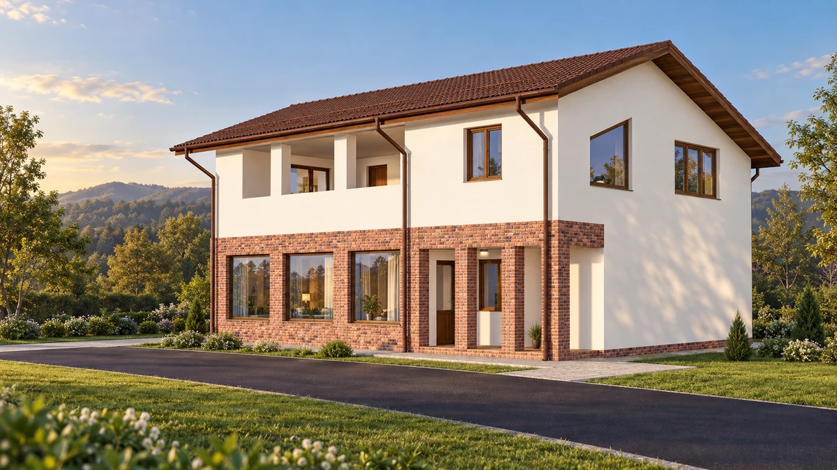 Casă cu pridvor din cărămidă și balcon retras — randare 4
