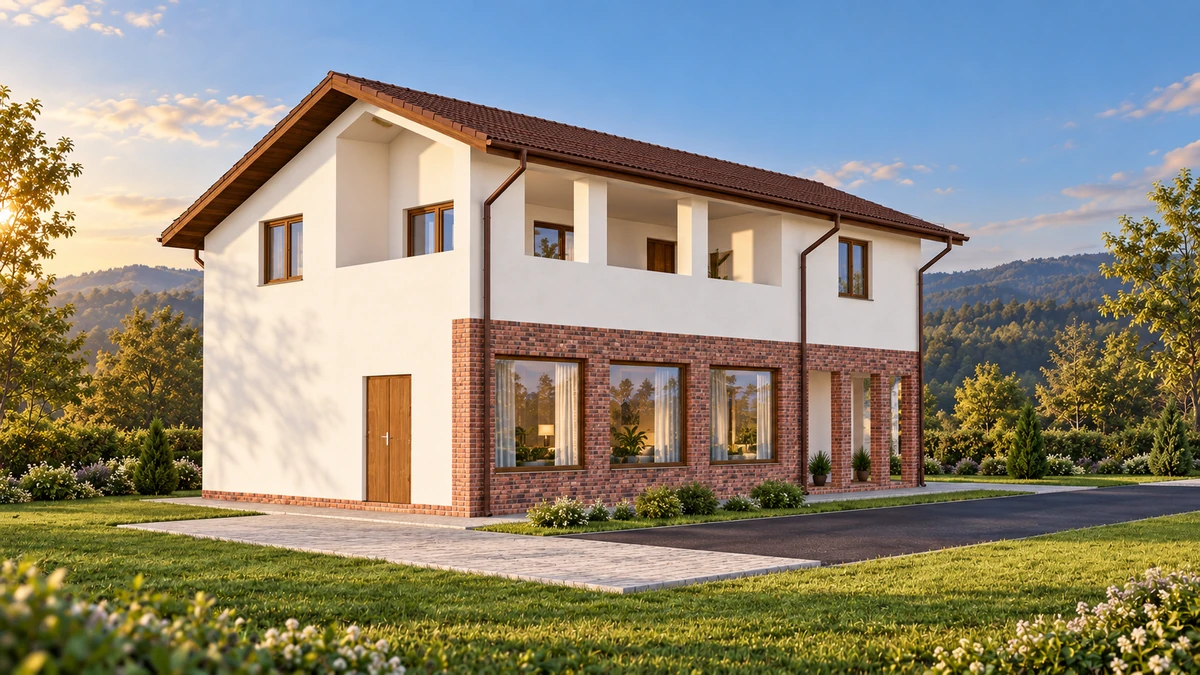 Casă cu pridvor din cărămidă și balcon retras — randare 5