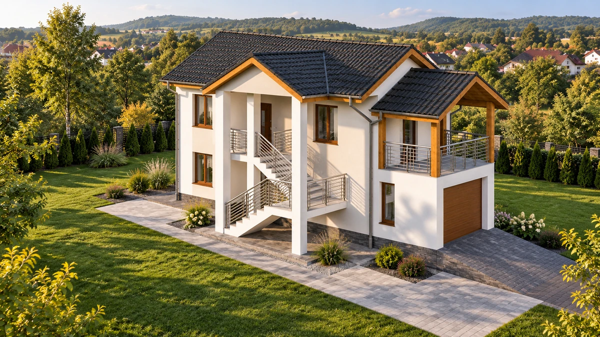 Casă cu scară exterioară și balcon acoperit — randare 1