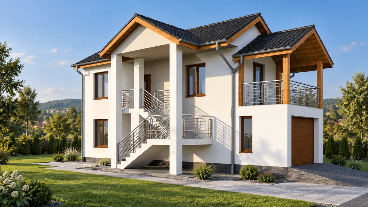 Casă cu scară exterioară și balcon acoperit — randare 2