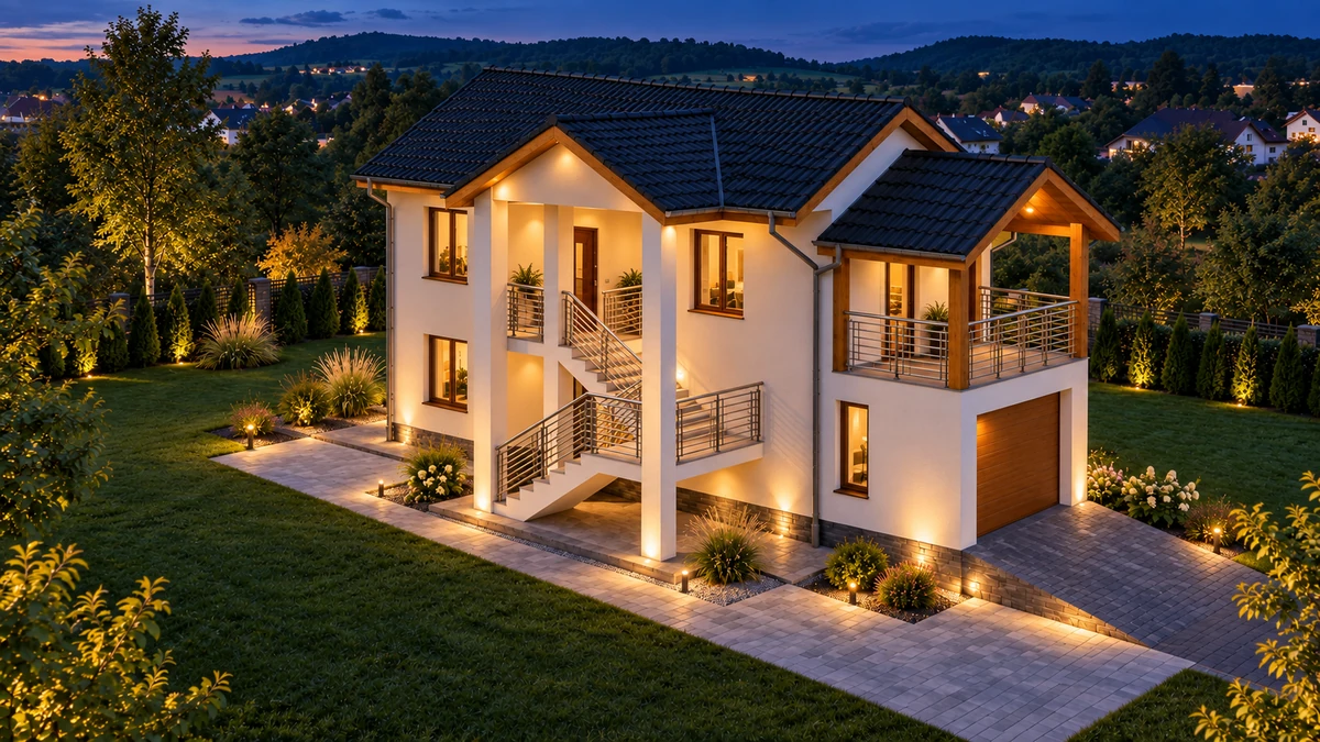 Casă cu scară exterioară și balcon acoperit — randare 3
