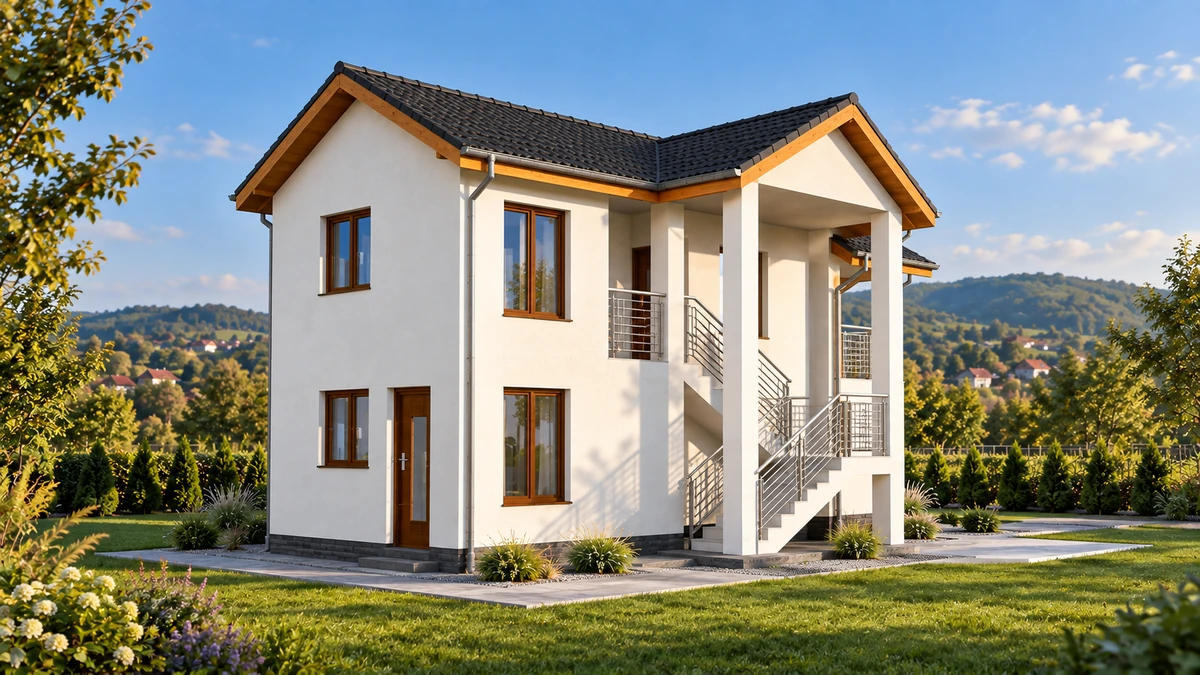 Casă cu scară exterioară și balcon acoperit — randare 4