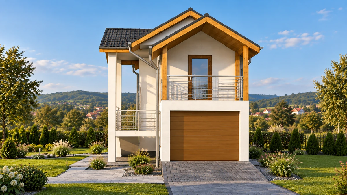 Casă cu scară exterioară și balcon acoperit — randare 5