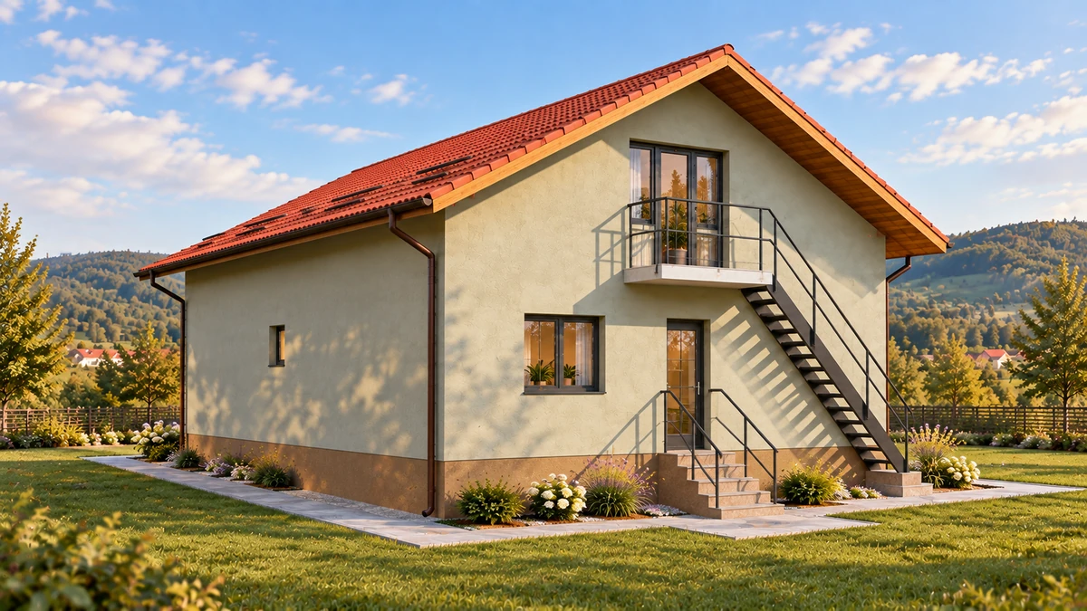 Casă cu balcon spre grădină și scară laterală — randare 1