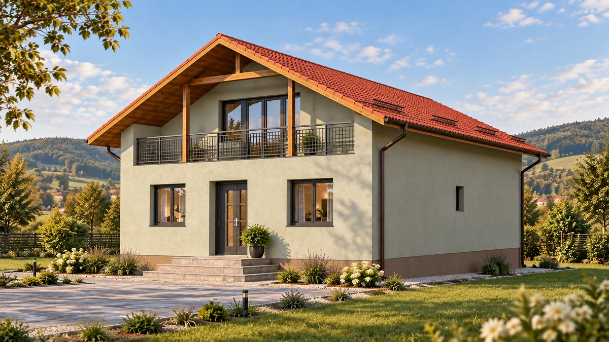 Casă cu balcon spre grădină și scară laterală — randare 2