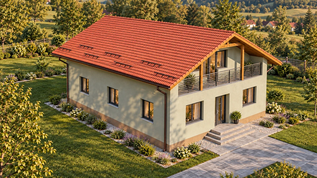 Casă cu balcon spre grădină și scară laterală — randare 3