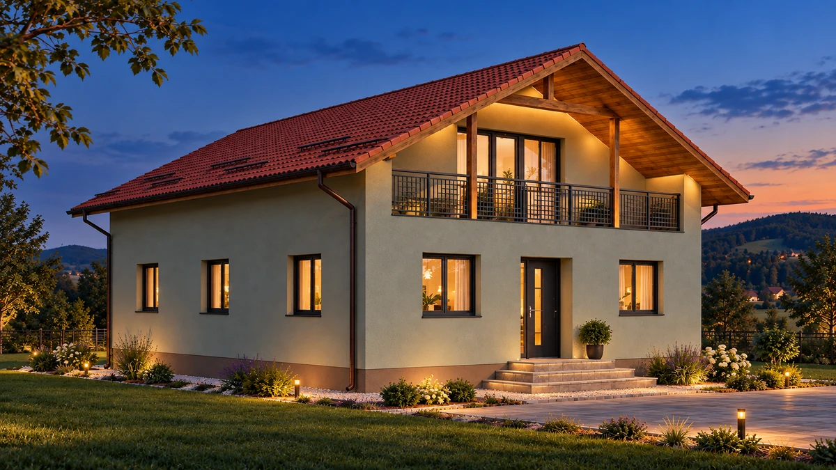Casă cu balcon spre grădină și scară laterală — randare 4