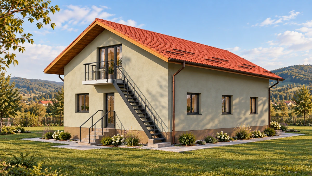 Casă cu balcon spre grădină și scară laterală — randare 5